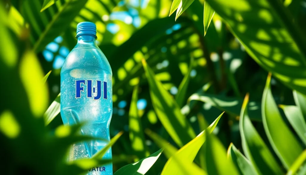 Enjoy sipping Fiji water from a uniquely designed bottle set amidst vibrant tropical foliage.