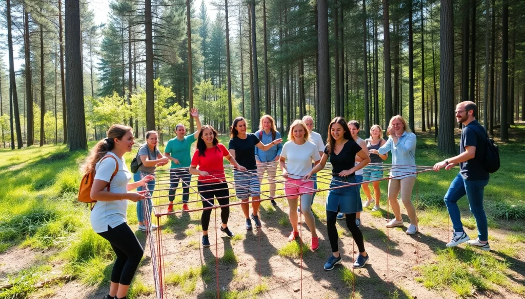 Participants enjoying an adventurous outdoor challenge during tropem przygod activities in a lively forest setting.