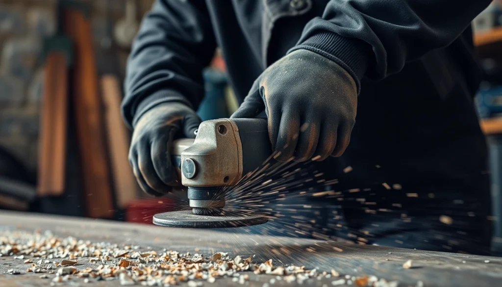 Operating angle grinders with precision, showcasing a tradesperson in action amidst sparks and metal shavings.