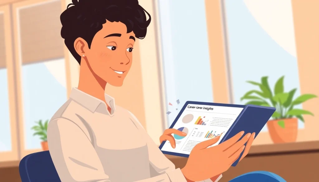 Analyze personalized career insights on a tablet in a bright office environment.