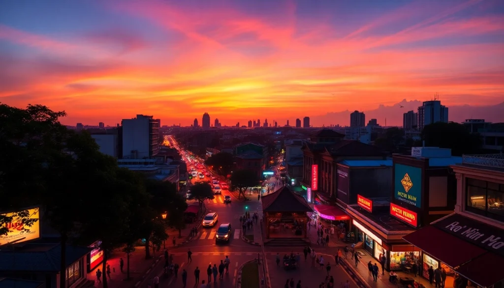 Experience 호치민 황제투어 예약 with a stunning sunset view of Ho Chi Minh City highlighting its vibrant nightlife.