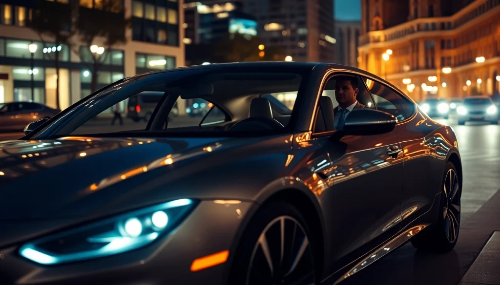 Luxury hire car with driver Singapore parked stylishly in an urban setting, showcasing elegance and class.