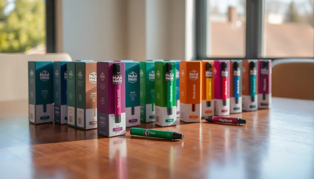 Showcase Muha Meds Pre-Filled Vape Disposables with vibrant packaging in natural light.