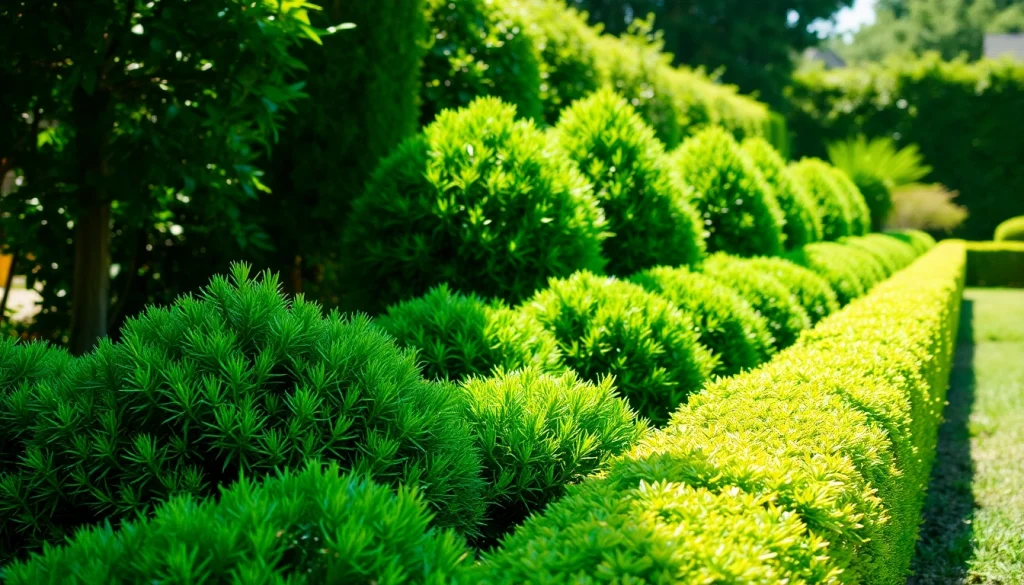Professionals performing shrub trimming for a manicured garden landscape.