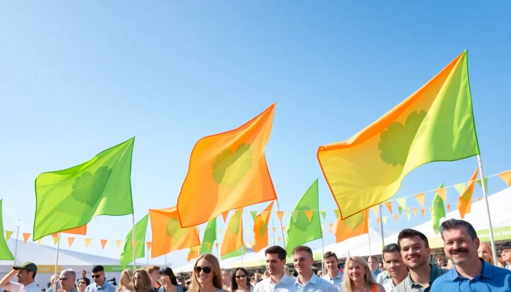 Waving custom flags Ireland at a lively outdoor event, showcasing colors and fabric details.