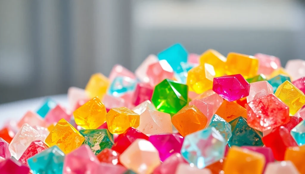 Indulge in crystal candy featuring multicolored, jewel-like pieces arranged in an enticing display.