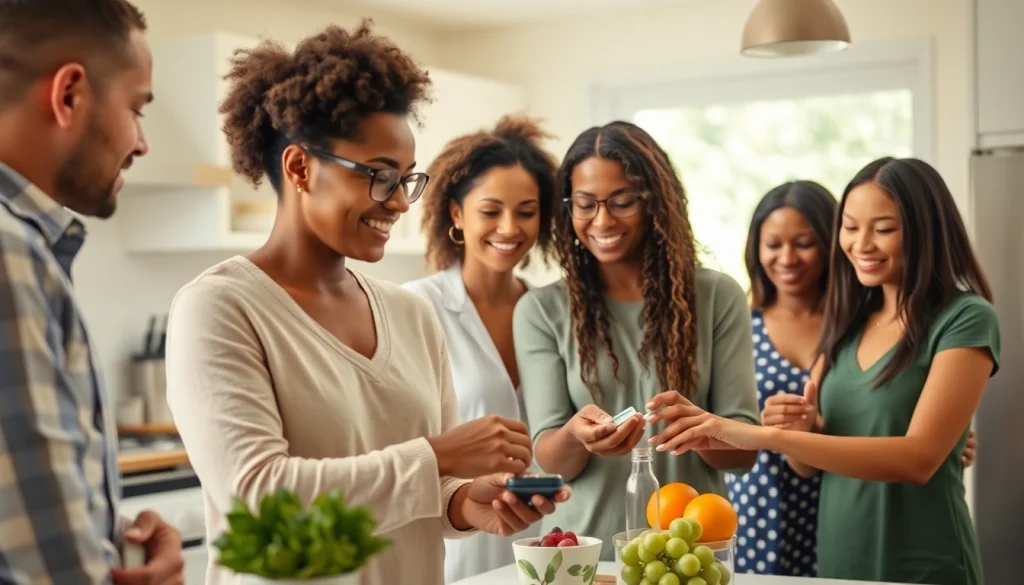 Monitor your bloodsugar with a friendly group of individuals in a vibrant kitchen.
