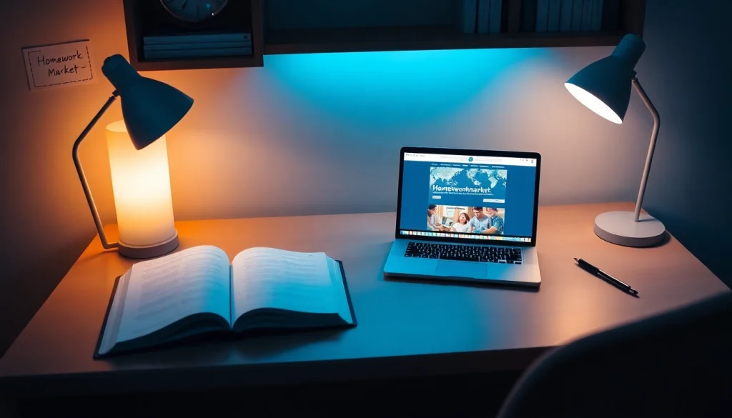 Engage with Homeworkmarket in a cozy study space filled with textbooks and a laptop.