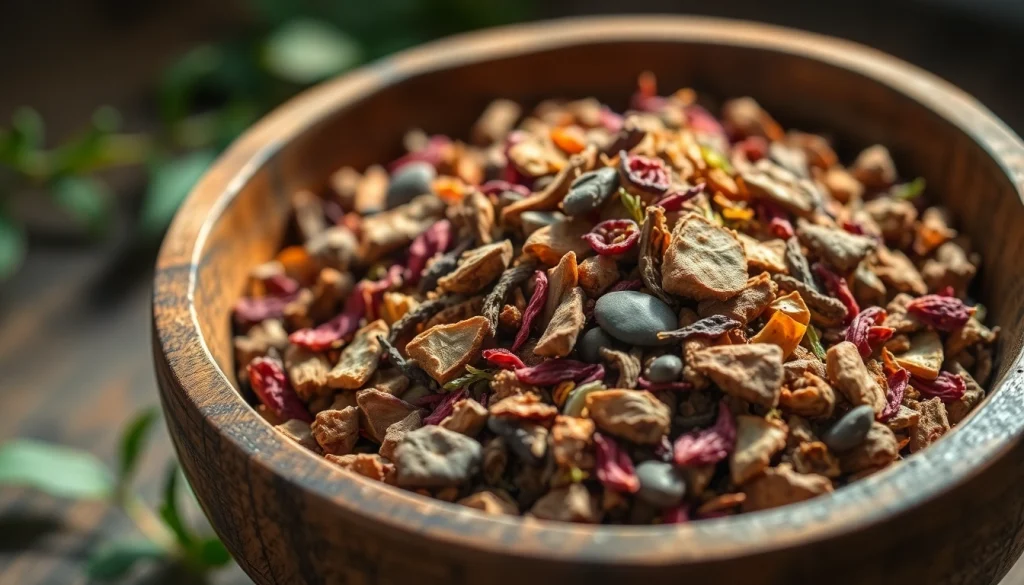 Enhance relaxation with an Alternative Smoking Blend of natural herbs in a textured wooden bowl.