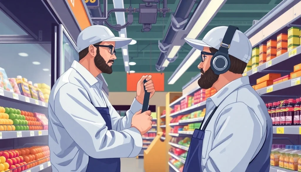 Technician performing open air merchandiser repair with tools and equipment in a grocery store.