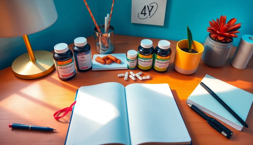 Enhance cognitive function with Nootropics supplements displayed on a stylish workspace.