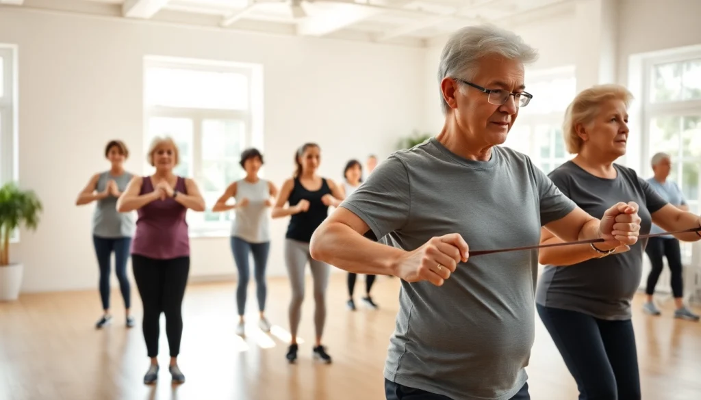 Engaging seniors in a senior fitness training class focusing on strength and mobility.