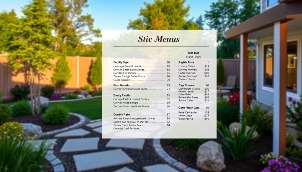 Highlight landscaping company pricing with an engaging layout in a pleasing garden setting.