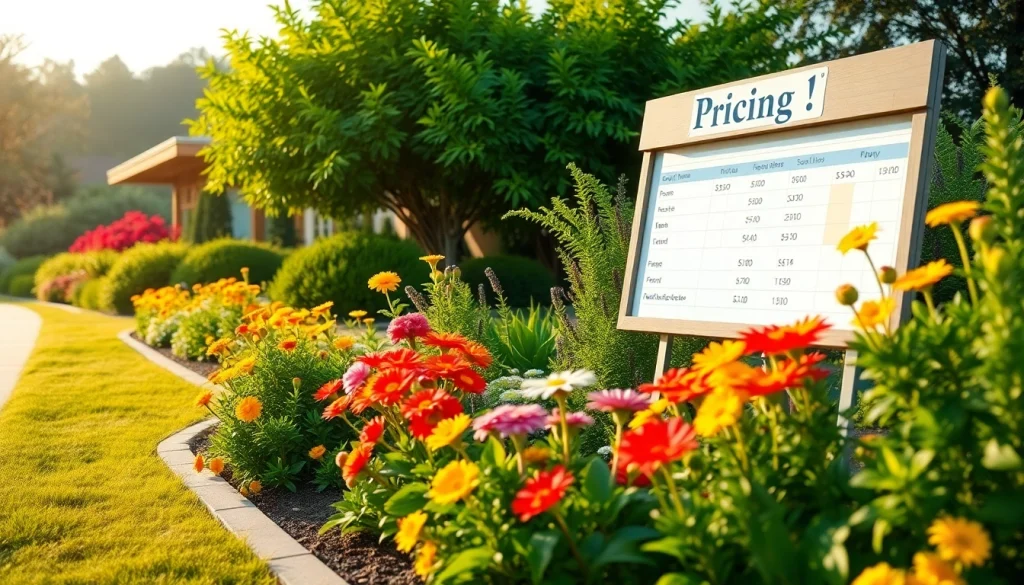 Showcasing landscaping company pricing on a bright board amidst vibrant flowers and greenery.