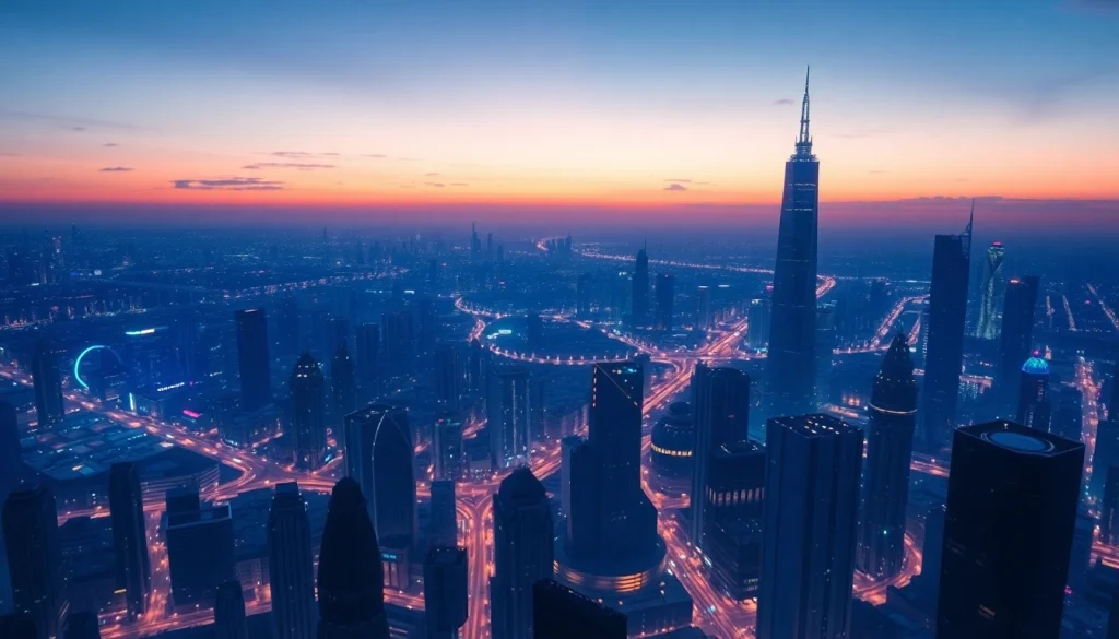 View the futuristic city skyline at dusk inspired by https://www.informaticsview.com, highlighting advanced architecture.