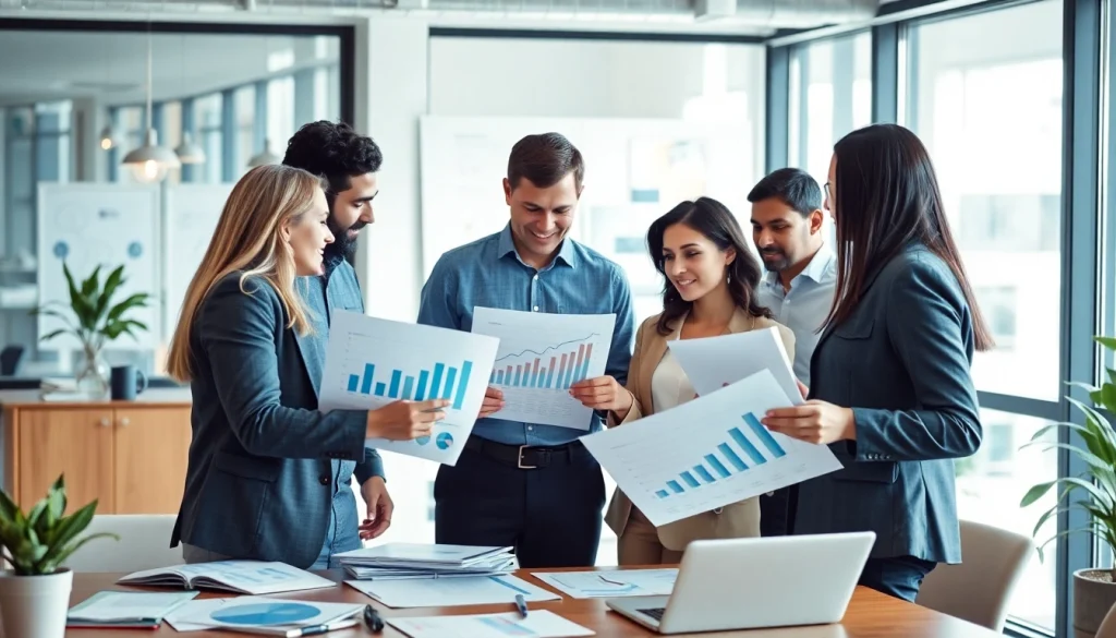 Professionals conducting market research data collection through discussions and analysis in a modern office.