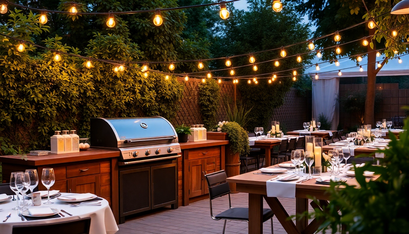 Hochzeit Grill Catering für Berlin with elegant outdoor table settings and a modern grill setup.