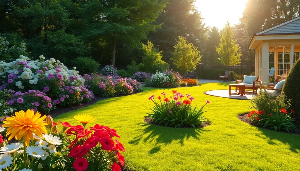 Showcase landscaping company pricing with a vibrant garden scene highlighting colorful flowers and neat pathways.