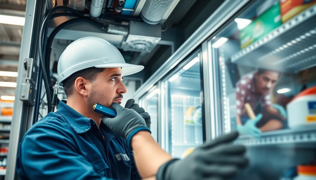 Technician performing open air merchandiser repair with tools and equipment in bright work environment.