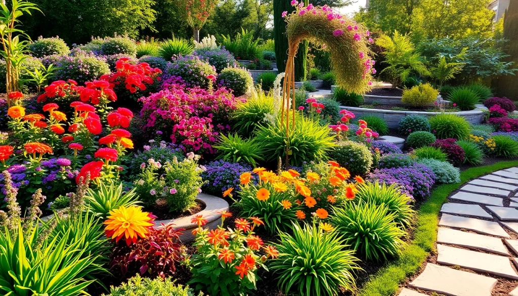 Explore landscaping company pricing through this detailed visual of diverse landscaping features in a sunny garden.
