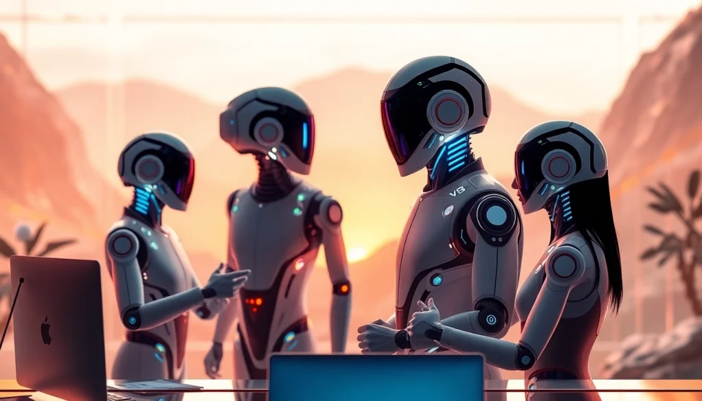 Dynamic scene of Agentic Human AI working collaboratively with humans and technology in a modern workspace.