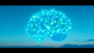 Visualize AI sentiment analysis with a digital brain, showcasing dynamic neural connections and innovation.