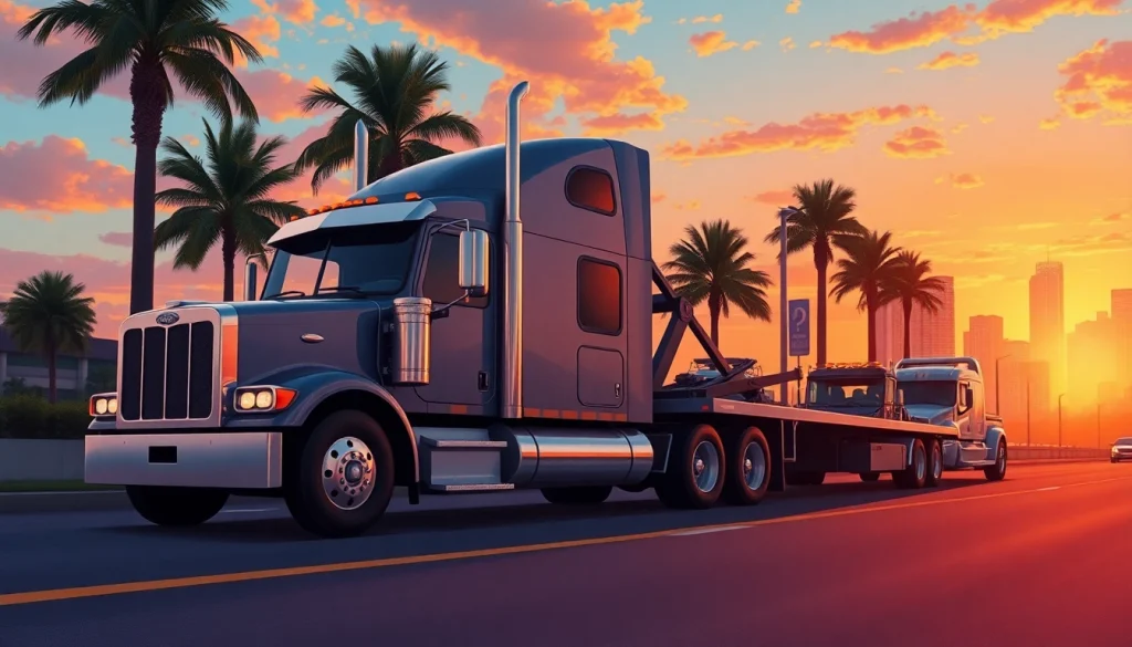 Semi-truck towing Tampa scene, showcasing a tow truck engaging with a massive semi-truck against a vibrant sunset in a cityscape.