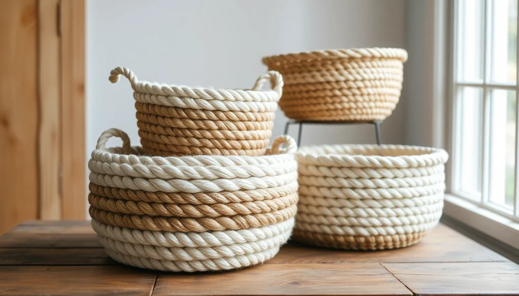 Stylish wholesale cotton rope basket displayed on a wooden table, showcasing its texture and design.