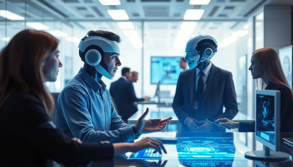 Visual representation of Agentic Human AI facilitating collaboration in a high-tech workspace with digital interfaces.