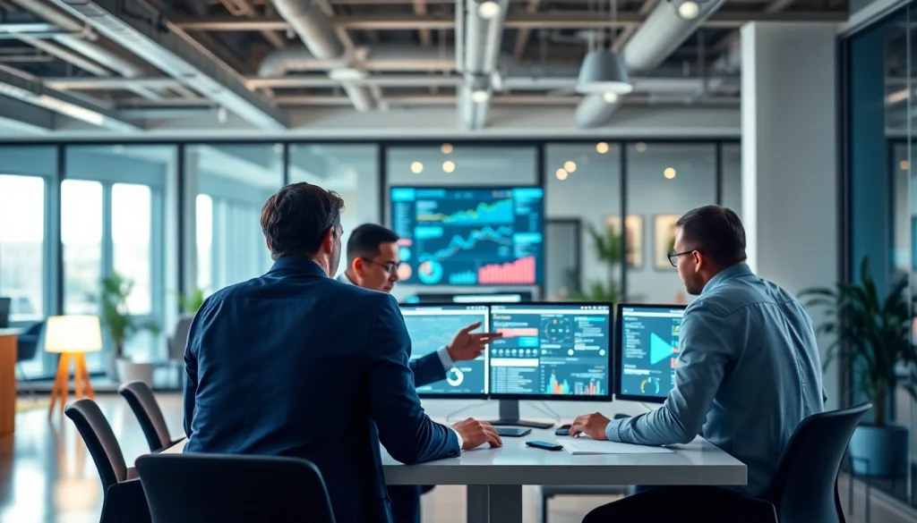 Professionals collaborating in a competitive intelligence company, analyzing data trends and insights for strategic growth.