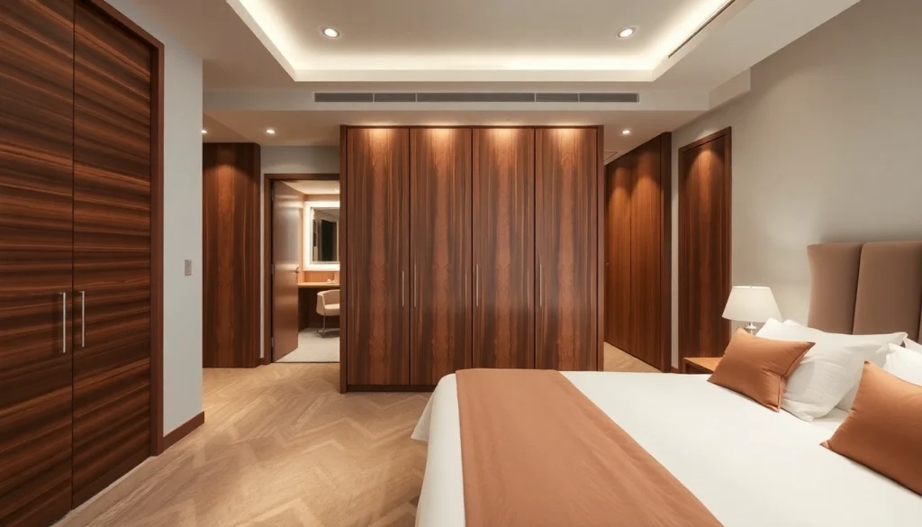 Stylish hotel room wardrobes complement the modern design of a luxury hotel room.